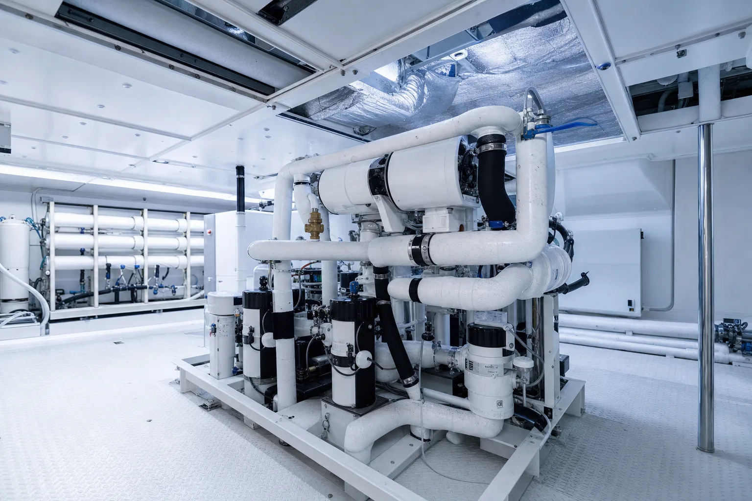 A chilled water plant with insulated pipework in a clean machinery space