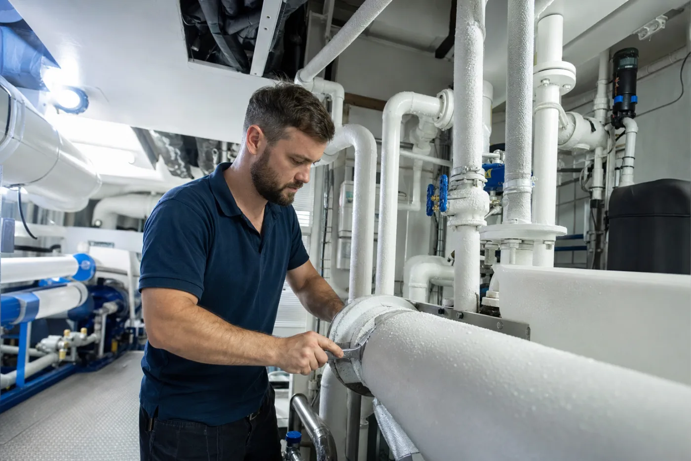 An engineer working on a chilled water plant in a machinery space